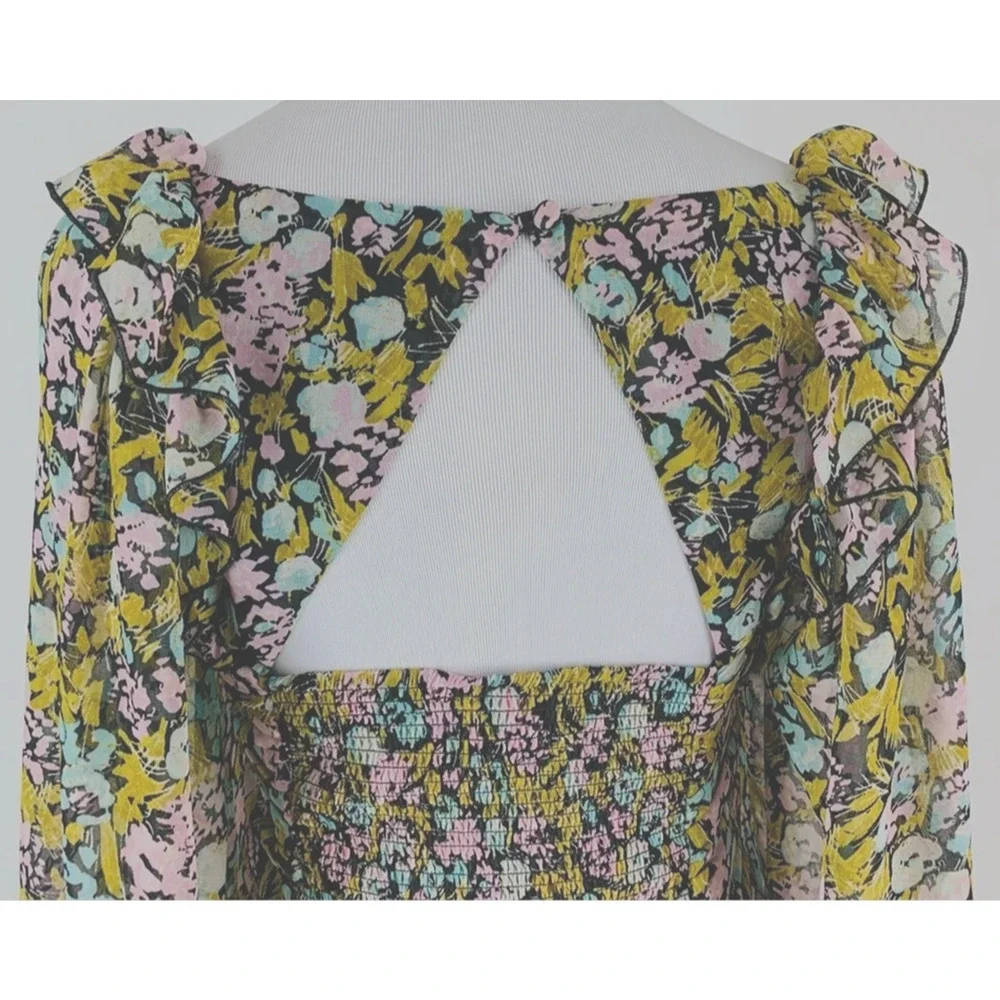 Free People Mabel Lace-Up Top XS Blouse Smocked Floral Bohemian Long Puff Sleeve